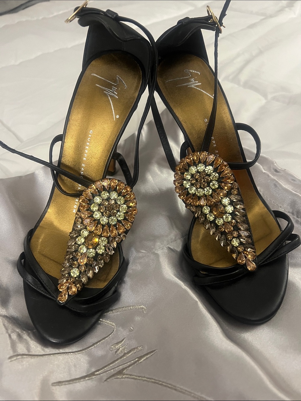 Giuseppe Zanotti Black Strappy Heels with Gold and Amber Crystal Teardrops